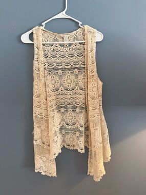 Cato Crochet Lace Open Front Vest - Beige